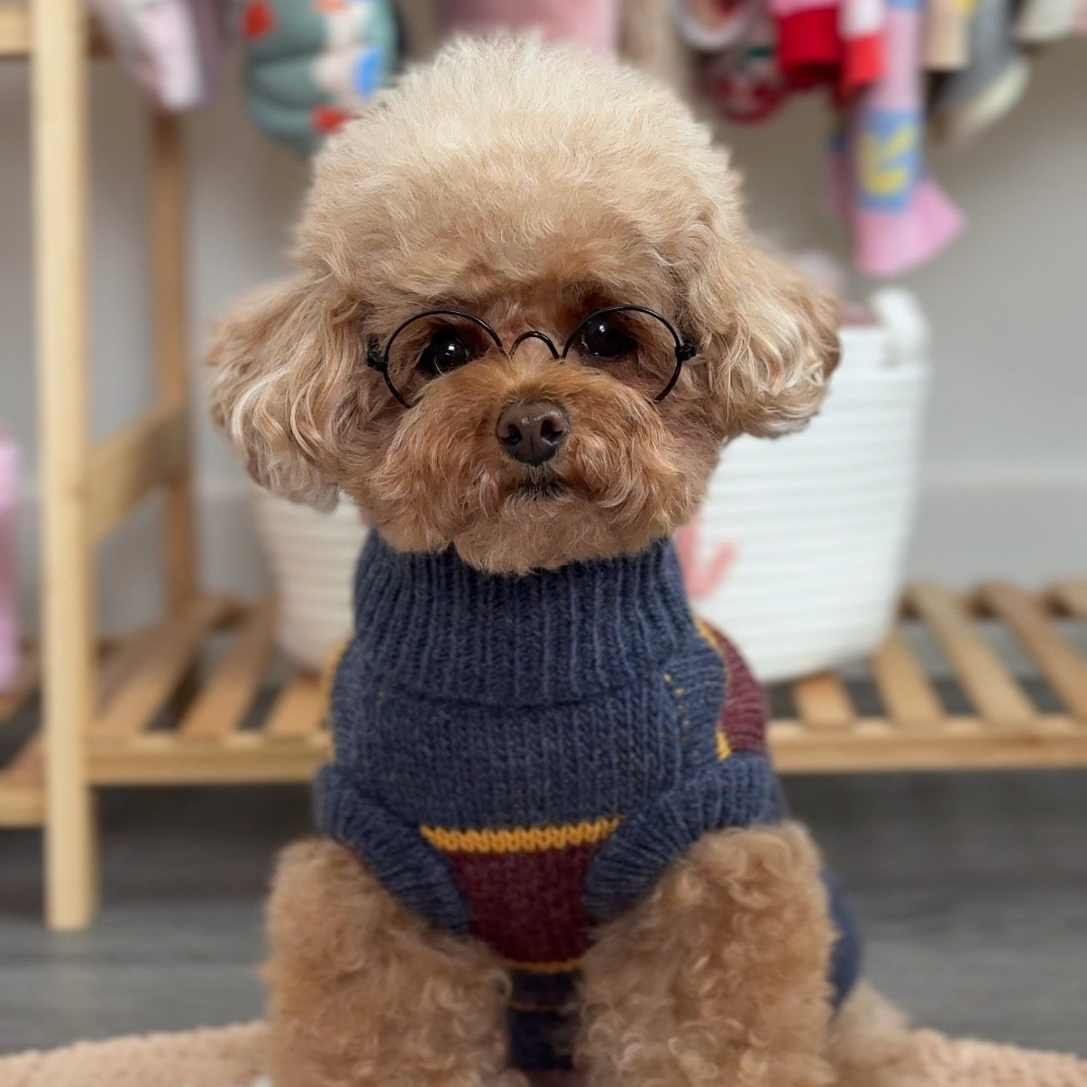 Striped Dog Turtleneck | Gray & Yellow Knit Sweater | Hoshiba