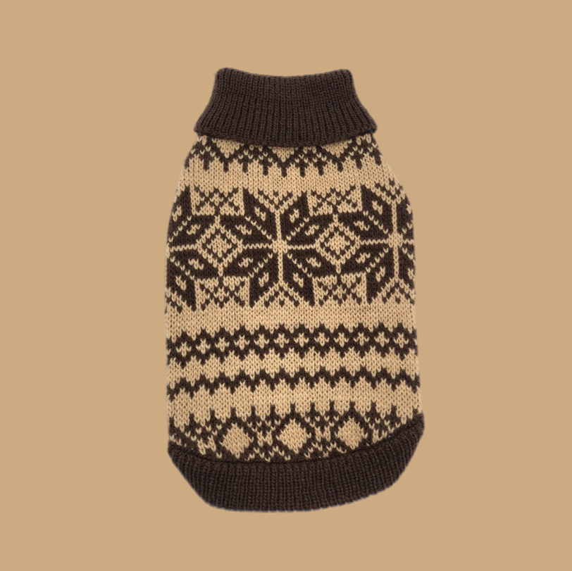 The Latte beige turtleneck dog sweater, back view showing the sleeveless cut
