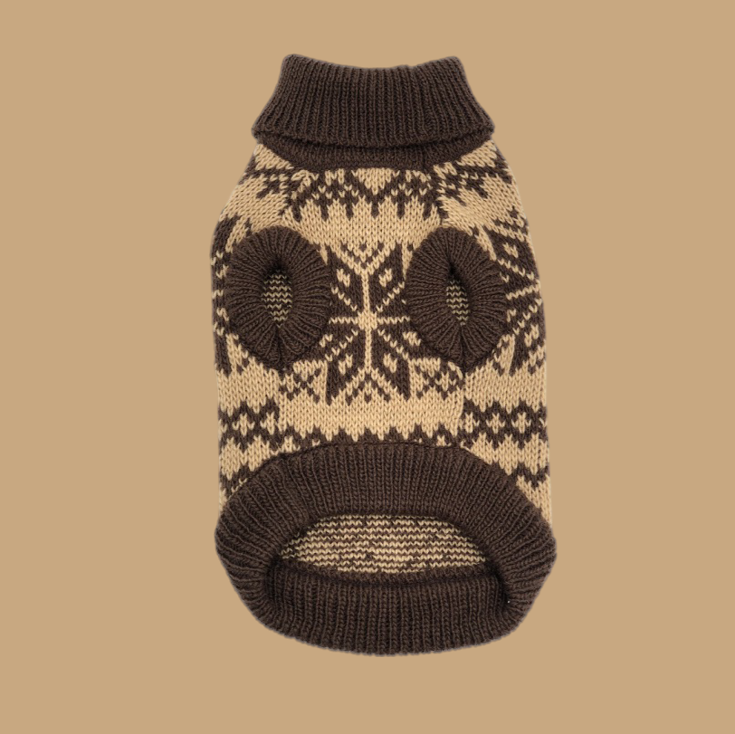 The Latte beige turtleneck dog sweater, front view on a plain background